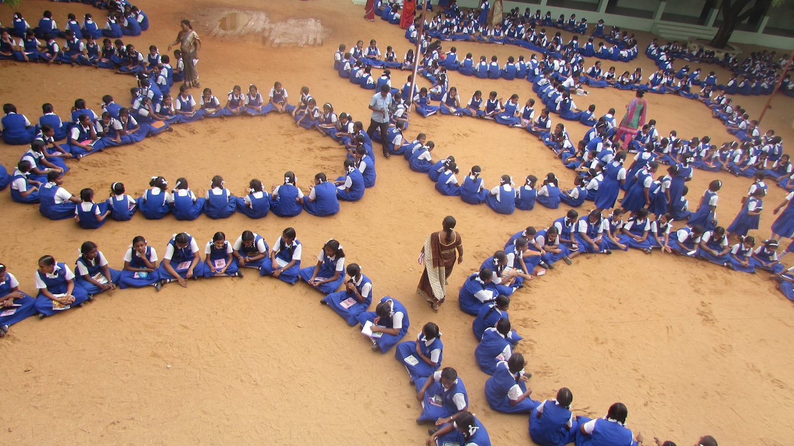 Overhead view of children's parliaments in a schoolyard